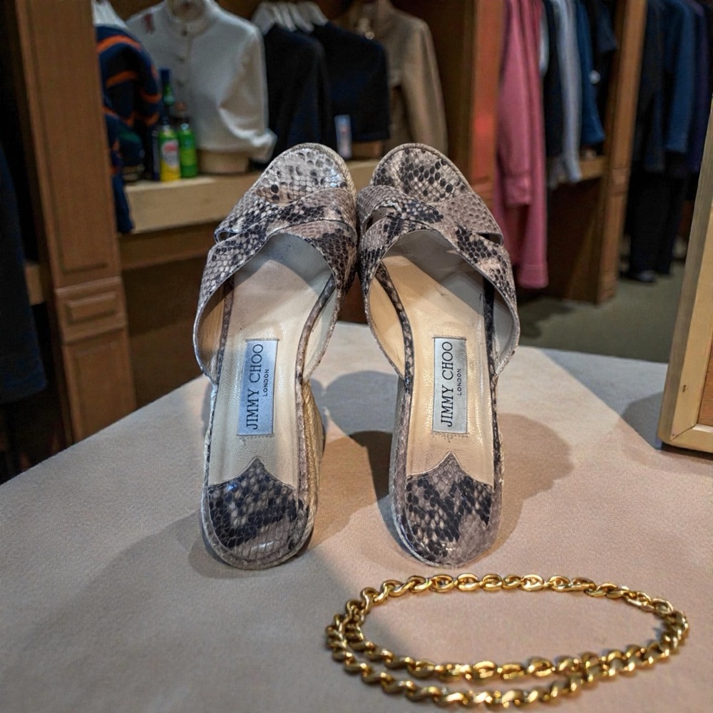 Jimmy Choo Black and Cream Snake Print Mules